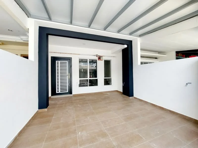 Room features: white painted walls, grey tiled flooring, sliding glass door, window with grid pattern, metal roof with beams, outdoor faucet, open layout, no visible furniture; style: modern.
