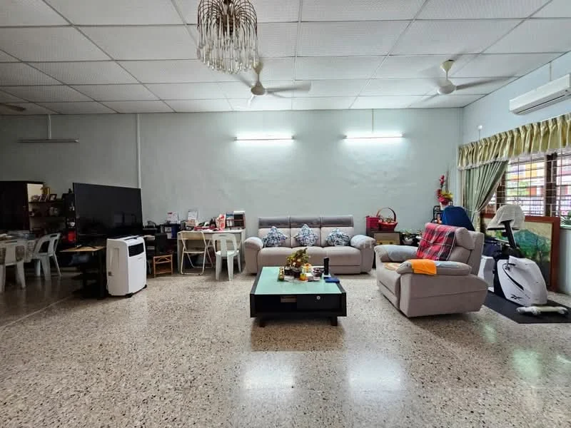 Living features: 3-seater fabric sofa in light grey, recliner chair in light grey, coffee table with black surface, TV console, wall-mounted TV, area rug, ceiling fan, air conditioning unit, decorative plants, dining table with chairs, window with sheer curtains, light grey painted walls, polished concrete flooring; style: modern.