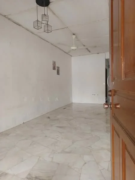 Room features: white painted walls, marble tile flooring, exposed ceiling, ceiling fan, hanging light fixtures, door frame, three framed artworks on wall, open space layout; style: minimalist.