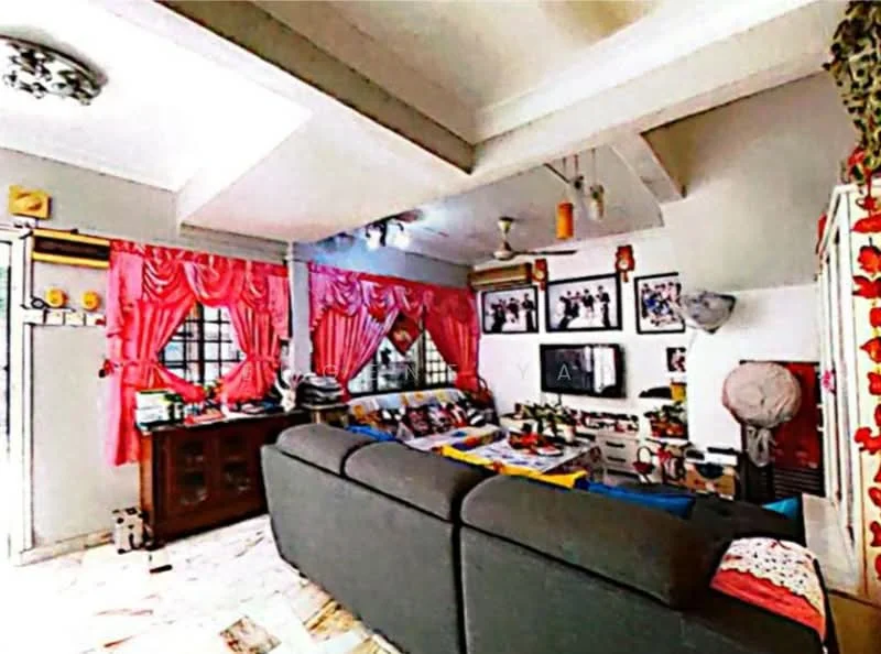 Living features: grey fabric sectional sofa, coffee table, wall-mounted TV, wooden TV console, decorative wall art, red curtains, ceiling fan, exposed beams, marble tile flooring, decorative plants, light fixtures, shelves with decorative items; style: contemporary.