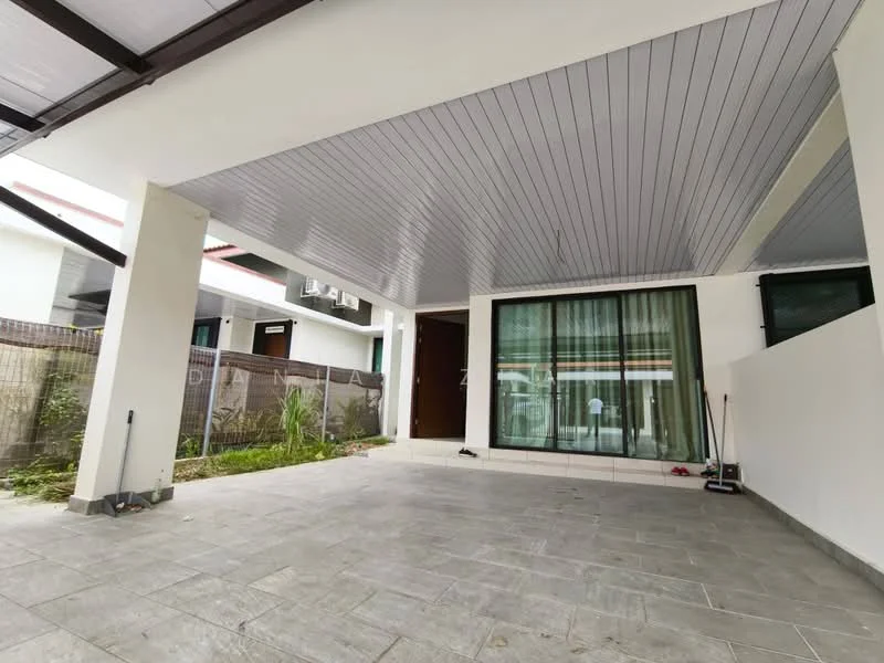 Exterior type: linked terrace house; features: covered car porch, grey tiled flooring, white painted walls, sliding glass door, large windows with sheer curtains, exposed ceiling with paneling, landscaped area with plants, fenced perimeter; style: modern.