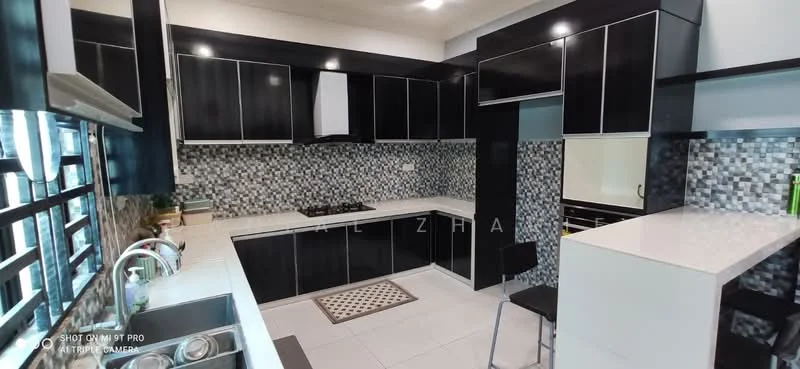 Kitchen features: black cabinetry with glossy finish, white countertop, stainless-steel sink, chrome pull-down faucet, built-in gas hob, exhaust hood, mosaic tile backsplash in grey and white, white tiled flooring, bar stool seating, open layout with island, window with black frame, under-cabinet lighting; style: modern.