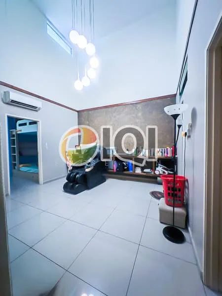 Room features: white painted walls, grey accent wall, tile flooring, recessed downlights, 5-blade ceiling fan, wall-mounted split AC, shelving unit, black massage chair, red laundry basket, decorative floor lamp; style: modern.