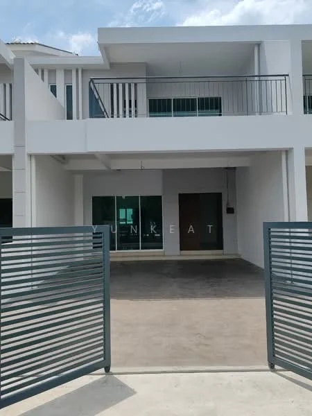 Exterior type: linked terrace house; features: white painted facade, flat roof, two-storey, manicured lawn, sliding glass door, balcony with railing, concrete driveway, gated entry, large windows, minimalist design; style: modern.