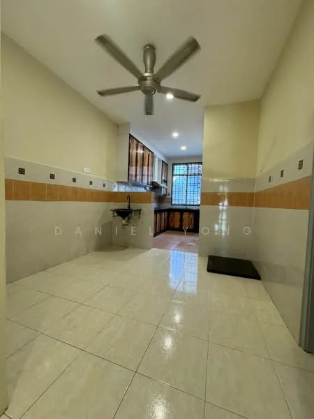 Kitchen features: white tiled flooring, cream painted walls, grey accent wall, single-bowl stainless-steel sink, chrome pull-down faucet, kitchen cabinetry with wood finish, window with grid pattern, 5-blade ceiling fan with light, recessed downlights, tile backsplash with brown accents; style: modern.