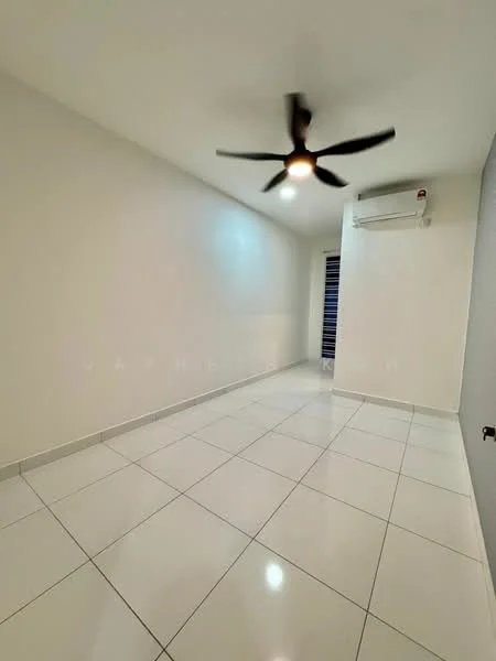 Room features: white painted walls, glossy white tile flooring, 5-blade ceiling fan with light, wall-mounted split AC, large window with blinds; style: modern.