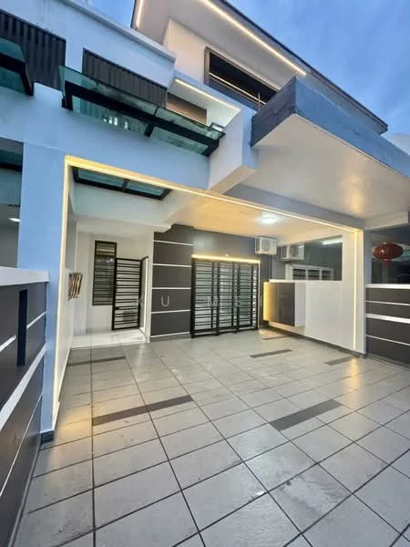Exterior features: tiled flooring, white painted walls, glass awnings, sliding glass doors, exterior lighting, open terrace, decorative lantern, air conditioning units; style: modern.