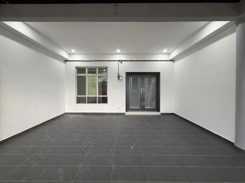 Room features: white painted walls, black tile flooring, recessed downlights, large window with grid pattern, double door with horizontal slats, open layout, no visible furniture, high ceiling; style: modern.