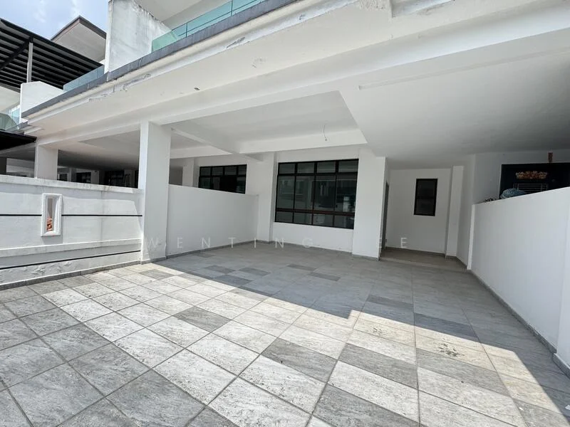 Exterior type: linked terrace house; features: grey tiled flooring, white painted walls, large windows, covered porch area, open layout, manicured landscaping, modern architectural design; style: modern.