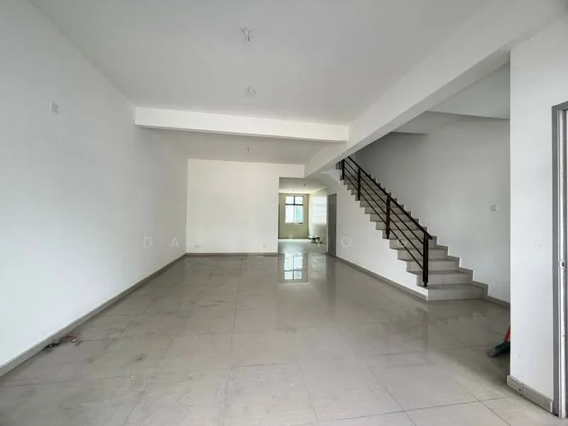 Room features: white painted walls, polished tile flooring, staircase with metal railing, large windows for natural light, open layout, high ceiling, no visible furniture or decor; style: modern.