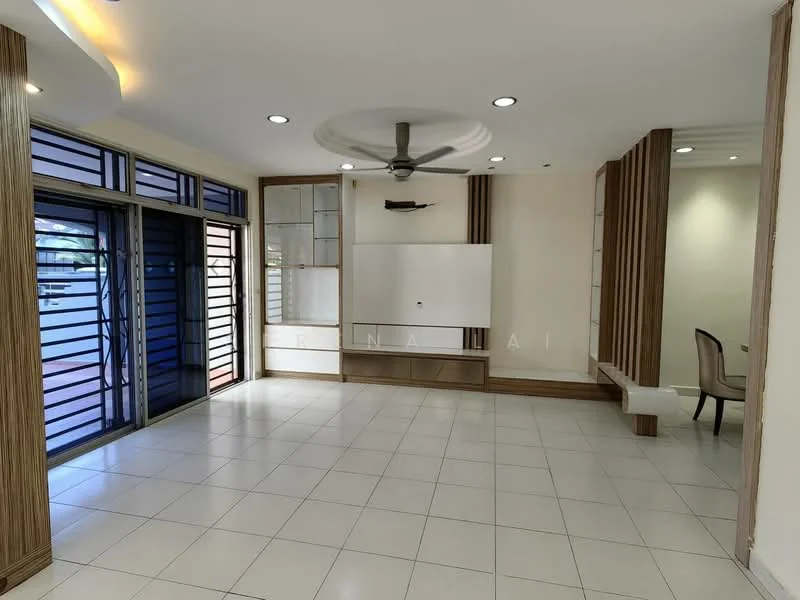 Living features: white tiled flooring, cream painted walls, wood paneling, 5-blade ceiling fan with light, wall-mounted TV console, large windows with sliding doors, natural light from windows, built-in shelving, minimalist decor, recessed lighting; style: modern.