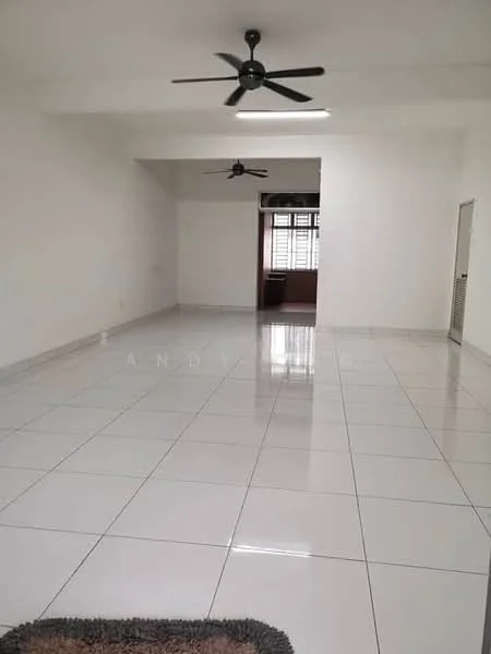 Living features: white painted walls, glossy ceramic tile flooring, 2 ceiling fans, large windows with window treatments, neutral color scheme, open layout, natural light, no visible furniture; style: modern.