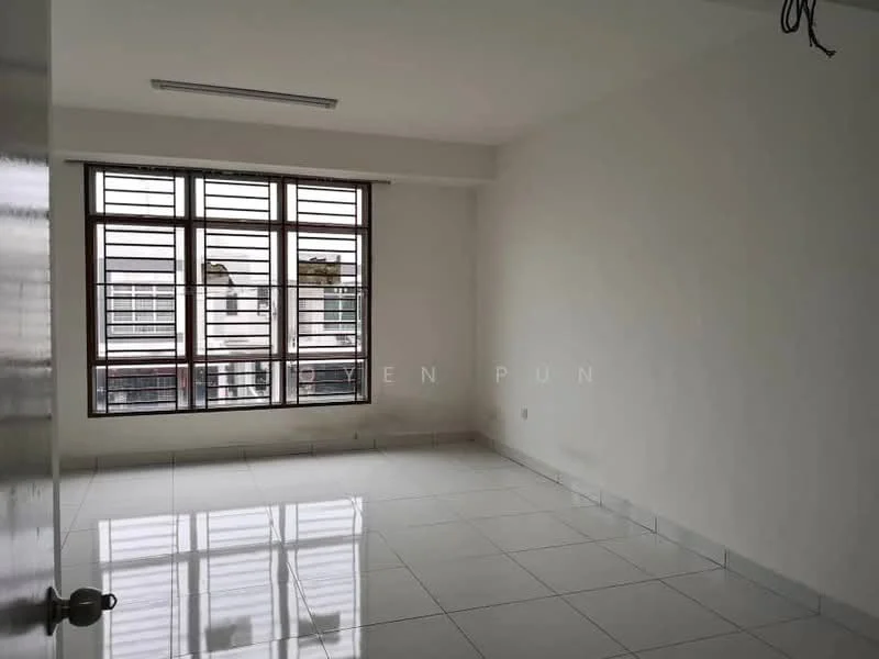 Room features: white painted walls, glossy white tile flooring, large windows with multiple panes, natural light from windows, ceiling light fixture, no visible furniture, neutral color scheme, corner room; style: modern; view: city.