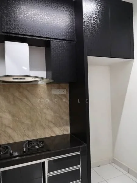 Kitchen features: black cabinetry with textured finish, white marble backsplash, stainless-steel range hood, 2-burner gas hob, black countertop, white tiled flooring, wall-mounted cabinets, under-cabinet lighting; style: modern.