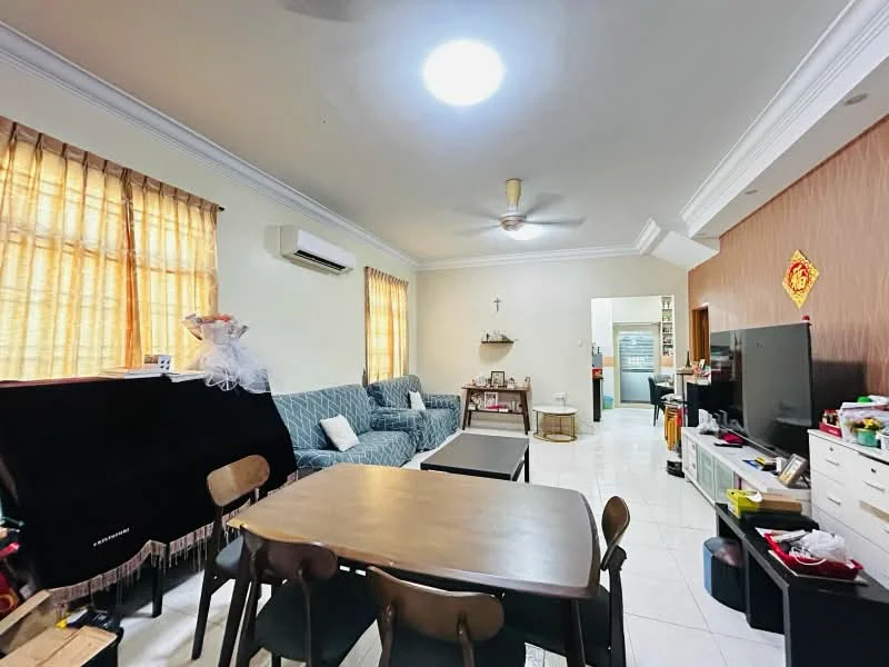 Living features: 3-seater fabric sofa in blue, ceiling fan, wall-mounted TV, coffee table, dining table with chairs, white tiled flooring, cream painted walls, curtains on windows, recessed ceiling lights, built-in storage cabinets, decorative wall art; style: contemporary.