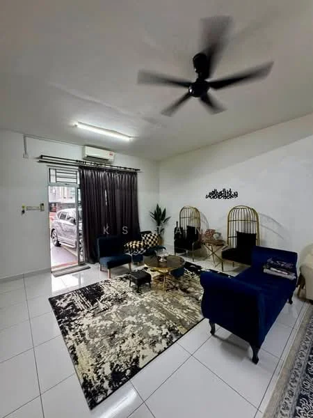 Living features: white painted walls, polished tile flooring, 5-blade ceiling fan with light, sofa in navy blue fabric, coffee table, area rug with geometric pattern, two rattan chairs, decorative wall art, curtains in dark color, potted plant, floor-to-ceiling window with sliding door; style: modern; view: street.