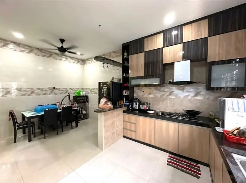 Kitchen features: L-shaped kitchen layout, brown and black cabinetry, stainless-steel sink, chrome pull-down faucet, granite countertop, built-in gas hob, built-in oven, refrigerator, pendant lighting, wall-mounted cabinets, tile backsplash, ceramic tile flooring, 5-blade ceiling fan; style: modern. Dining features: 4-seater dining table, black dining chairs, green decorative plants, wall-mounted storage, tile flooring; style: modern.