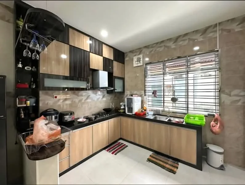 Kitchen features: black and brown cabinetry, stainless-steel sink, chrome pull-down faucet, black countertop, built-in gas stove, built-in oven, microwave, refrigerator, window with metal grills, tile backsplash, white tiled flooring, hanging glass storage, kitchen rug, open shelving, wall-mounted storage; style: modern.