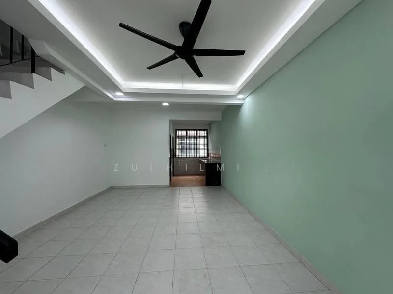 Living features: light green painted walls, white ceiling with recessed lighting, 5-blade ceiling fan, ceramic tile flooring, large window for natural light, open layout, staircase visible in the corner, no furniture visible; style: modern.