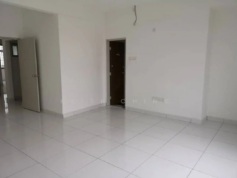 Room features: white painted walls, glossy white tile flooring, single door, door frame, window opening, light fixture, corner wall, empty space; style: modern.