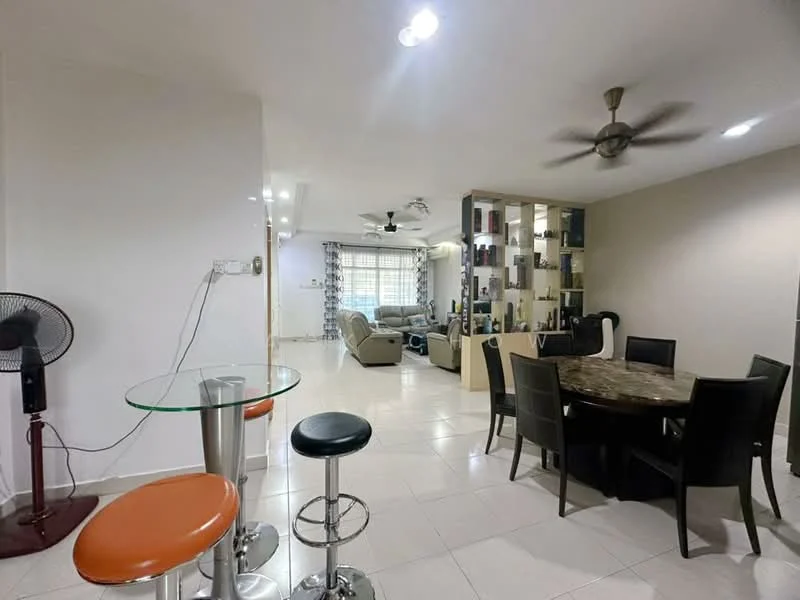 Living features: white painted walls, tile flooring, 5-blade ceiling fan with light, sofa in light grey, coffee table, TV console, wall-mounted TV, decorative shelving unit, curtains with geometric pattern, area rug, floor-to-ceiling windows, open layout to dining area; style: modern. Dining features: 6-seater dining table with marble top, upholstered dining chairs, bar stools at counter, glass top dining table, decorative items on shelves; style: modern.