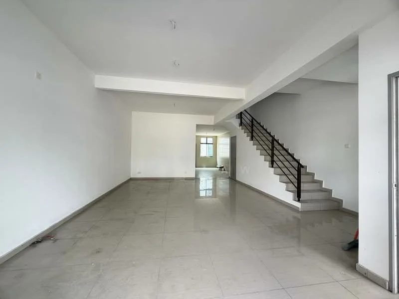 Living features: white painted walls, polished ceramic tile flooring, large windows allowing natural light, open layout, staircase with metal railing, high ceiling, neutral color scheme, no visible furniture; style: modern.