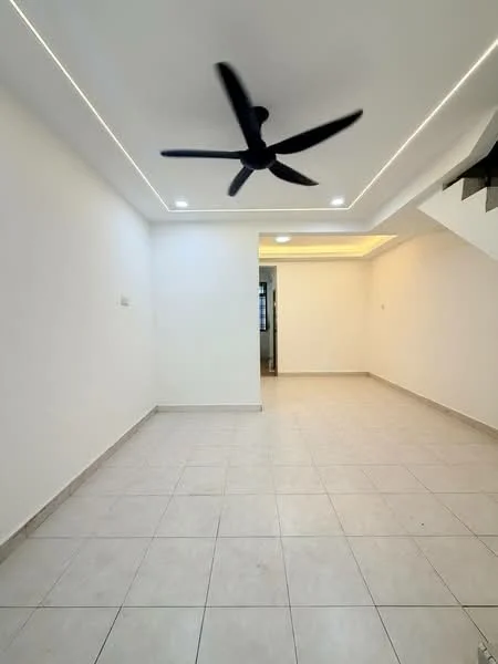 Living features: white painted walls, tile flooring, 5-blade ceiling fan with light, recessed LED downlights, open layout, neutral color scheme, staircase visible, no visible furniture; style: modern.