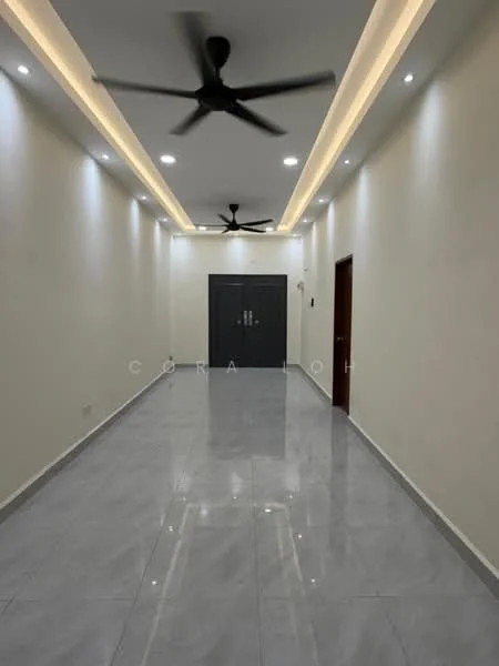 Room features: white painted walls, marble tile flooring, tray ceiling with recessed lighting, 2 ceiling fans, double-door main entrance, wall-mounted light fixtures; style: modern.