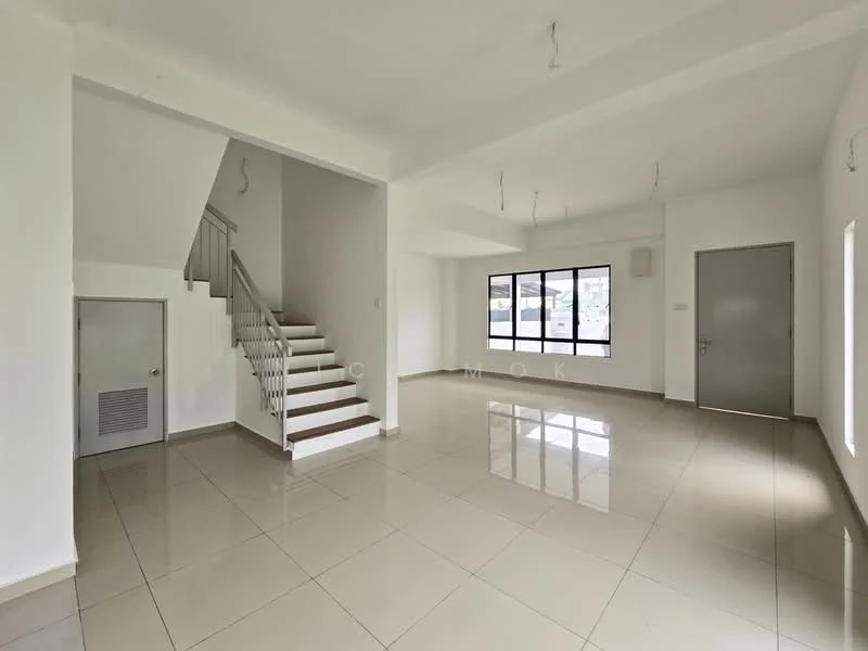 Living features: white painted walls, glossy ceramic tile flooring, large windows, staircase with white railing, ceiling with no visible fixtures, open layout, neutral color scheme, corner wall with window; style: modern.