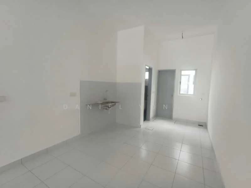 Room features: white painted walls, grey tiled flooring, single-bowl stainless-steel sink, wall-mounted faucet, window with natural light, doorway leading to another room, no visible appliances, minimalist design; style: minimalist.