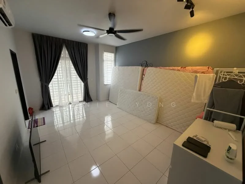 Room features: white tiled flooring, grey painted walls, ceiling fan, recessed ceiling light, floor-to-ceiling windows, sheer curtains, two stacked mattresses, clothes rack, white cabinet, air conditioning unit; style: modern.