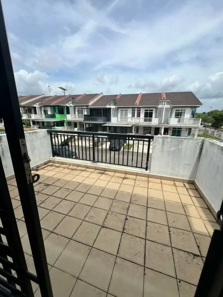 Room features: balcony, metal railing, tiled flooring, concrete walls, outdoor view, overhead lighting, sliding door access, surrounding residential buildings; view: residential.