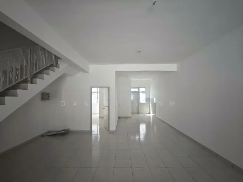 Room features: white painted walls, glossy ceramic tile flooring, large windows allowing natural light, staircase with white railing, open layout, neutral ceiling, no visible furniture or decor; style: minimalist.