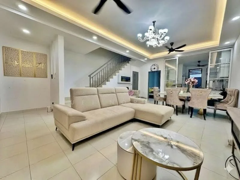 Living features: 3-seater fabric sofa in beige, marble coffee table, chandelier, 5-blade ceiling fan, recessed LED downlights, white painted walls, tile flooring, decorative wall art, open staircase, dining area with upholstered dining chairs, large windows with sheer curtains; style: modern.