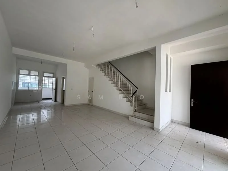 Room features: white painted walls, white ceiling, tile flooring, staircase with white railing, large windows, doorway leading to another room, open layout, multiple light fixtures; style: modern.