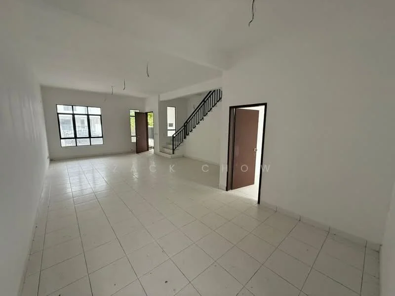 Room features: white painted walls, tile flooring, large windows, staircase, doorway, high ceiling, no visible furniture, neutral color scheme; style: modern; view: garden.