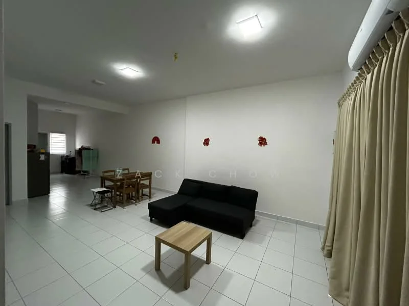 Living features: black fabric L-shape sectional sofa, light wood coffee table, 4-seater dining table with chairs, white painted walls, tile flooring, recessed ceiling lights, curtains, decorative wall flowers; style: modern.