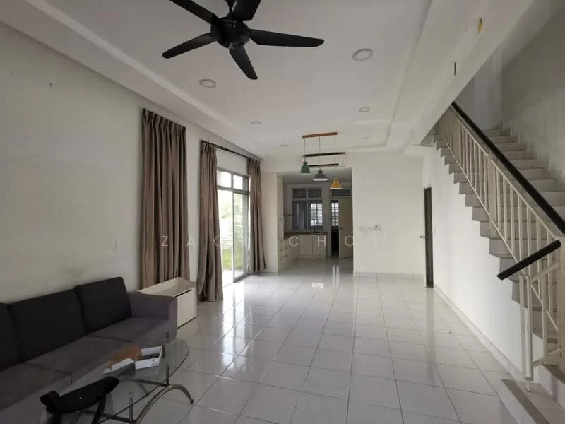 Living features: 3-seater fabric sofa in grey, glass coffee table, white painted walls, white tiled flooring, ceiling fan with 5 blades, large windows with sheer curtains, recessed downlights, hanging pendant lights, open layout to dining area, staircase leading to upper floor; style: modern; view: garden.