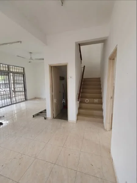 Living features: white painted walls, tile flooring, ceiling with recessed lights, 2 ceiling fans, large windows with metal grilles, staircase leading to upper floor, doorway leading to another room, doorway leading to utility area; style: modern.