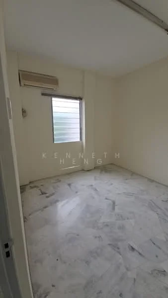 Room features: white painted walls, marble flooring, 1 wall-mounted split AC, window with blinds, neutral color scheme.