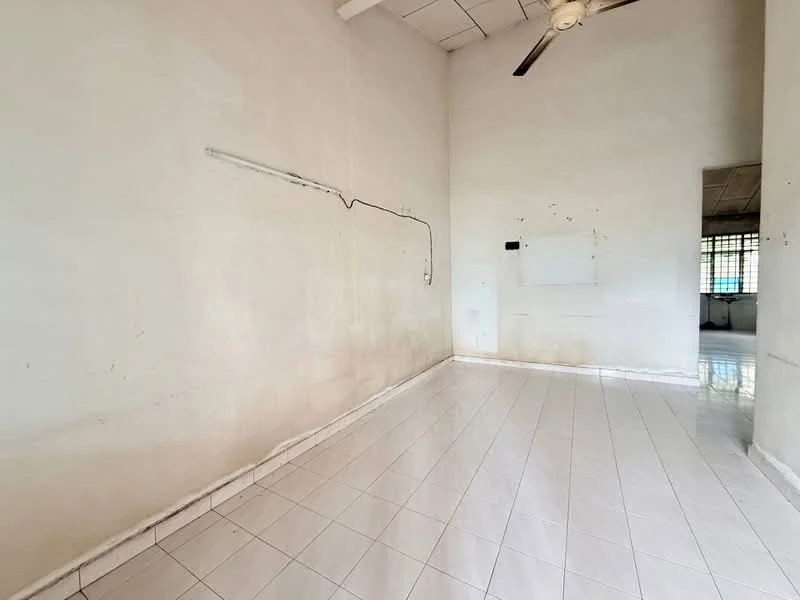 Room features: white painted walls, plain ceiling, ceiling fan, glossy ceramic tile flooring, large windows, no visible furniture, electrical wiring on wall, minimal decor; style: minimalist.