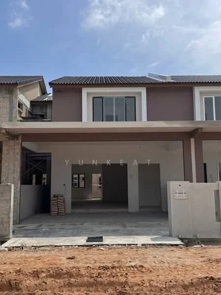 Exterior type: linked terrace house; features: two-storey building, grey painted facade, flat roof, large windows, open car porch, unfinished landscaping, exposed brick wall, concrete flooring at entrance; style: modern.