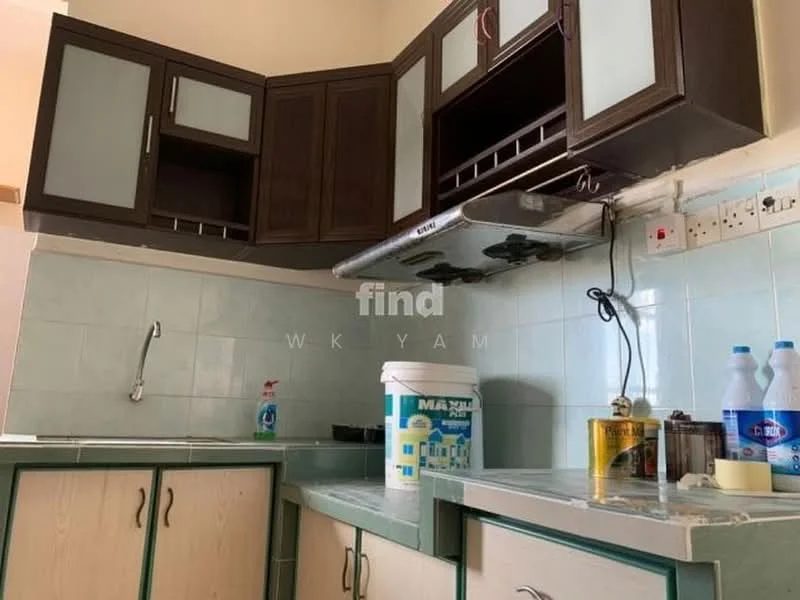Kitchen features: brown wooden cabinetry, light blue tiled backsplash, grey countertop, stainless-steel range hood, built-in gas hob, sink, plastic storage containers, cleaning supplies, bottled water, kitchen utensils.