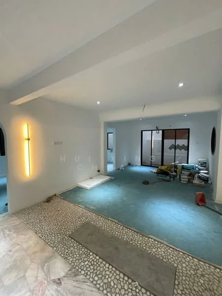 Room features: white painted walls, exposed ceiling beams, recessed downlights, marble tile flooring, carpeted flooring, large windows, sliding glass door, decorative wall light, open layout, unfinished flooring areas, visible construction materials; style: modern.