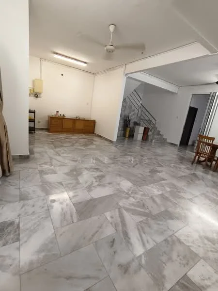 Living features: marble tile flooring, white painted walls, ceiling fan, dining table with chairs, wooden sideboard, staircase, large windows, natural light; style: modern.