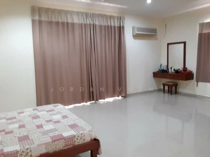 Bedroom features: queen-size bed with patchwork quilt, floor-to-ceiling windows with sheer curtains, light brown curtains, wall-mounted split AC, mirror on wall, wooden dressing table, wooden stool, light-colored tiled flooring, neutral painted walls, recessed ceiling lights; style: modern.