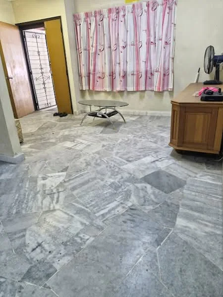 Living features: marble flooring, cream painted walls, floor-to-ceiling window with sheer curtains, wooden sideboard, glass coffee table, ceiling fan, door leading outside, decorative wall with patterned curtains.