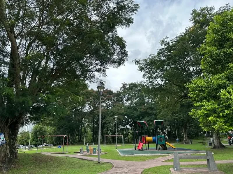 Exterior type: landscape garden; features: playground equipment with slides and climbing structures, swing sets, manicured lawn, mature trees, walking path, park benches, street lamps; style: modern.