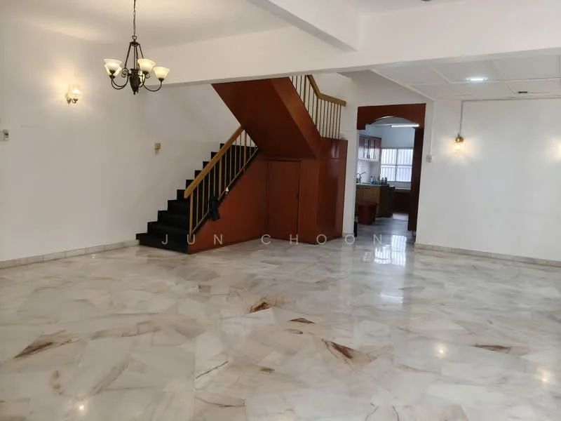 Living features: marble flooring, white painted walls, chandelier, staircase with wooden railing, large windows, open layout, recessed lighting, high ceiling; style: modern.