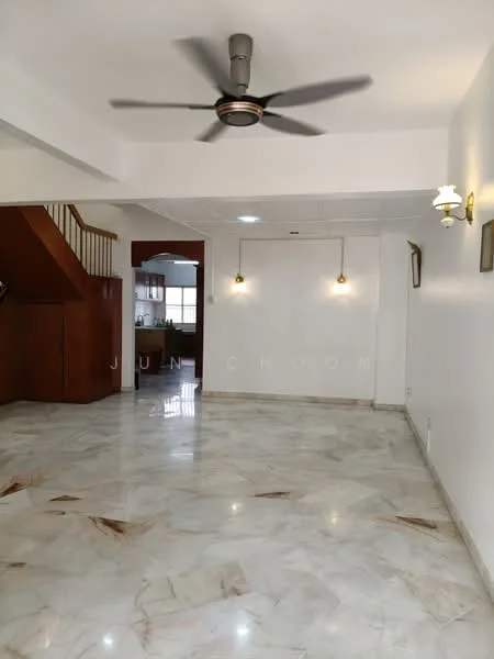 Living features: marble flooring, white painted walls, 5-blade ceiling fan with light, recessed downlights, wall sconces, staircase leading to upper level, open layout to kitchen, natural light from windows; style: modern.